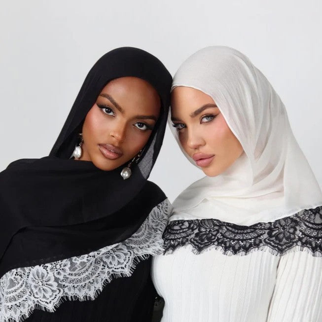 Luxury Contrast Lace-Trimmed Chiffon Hijab-Black&White