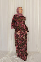 Salma Asymmetric Ruffle-Trim Floral Maxi-DarkRed