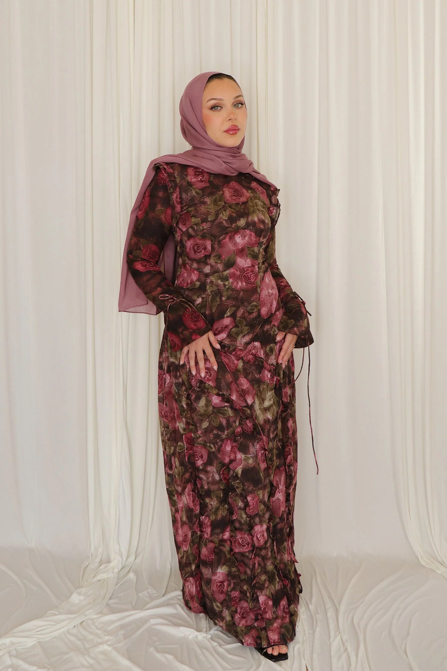 Salma Asymmetric Ruffle-Trim Floral Maxi-DarkRed