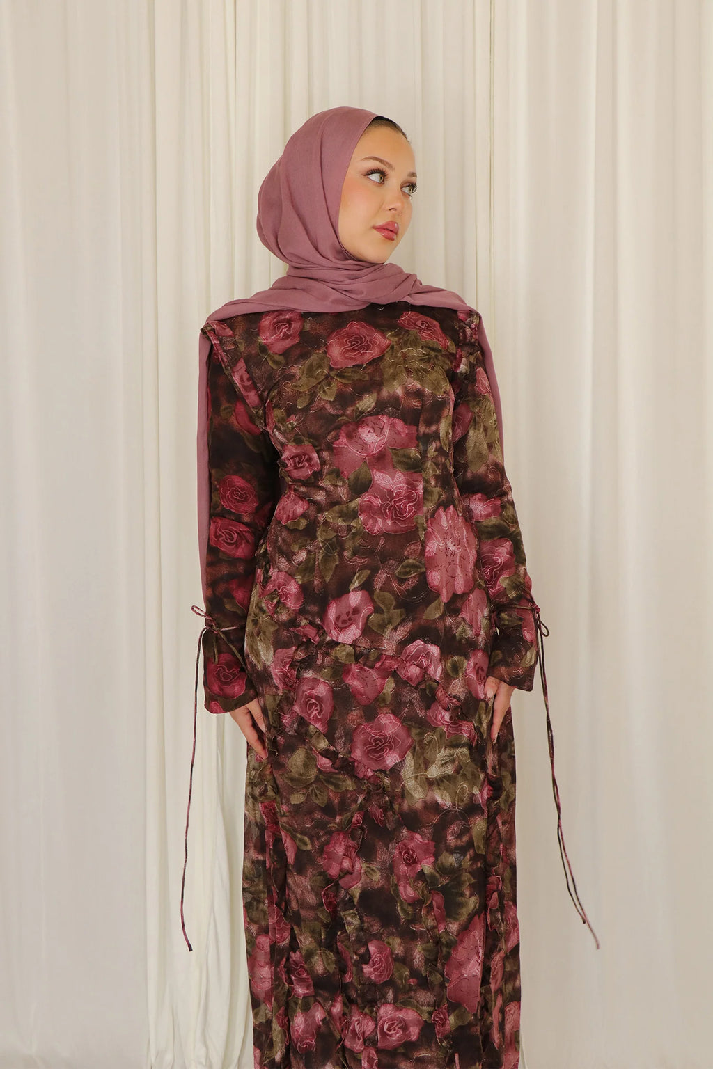 Salma Asymmetric Ruffle-Trim Floral Maxi-DarkRed