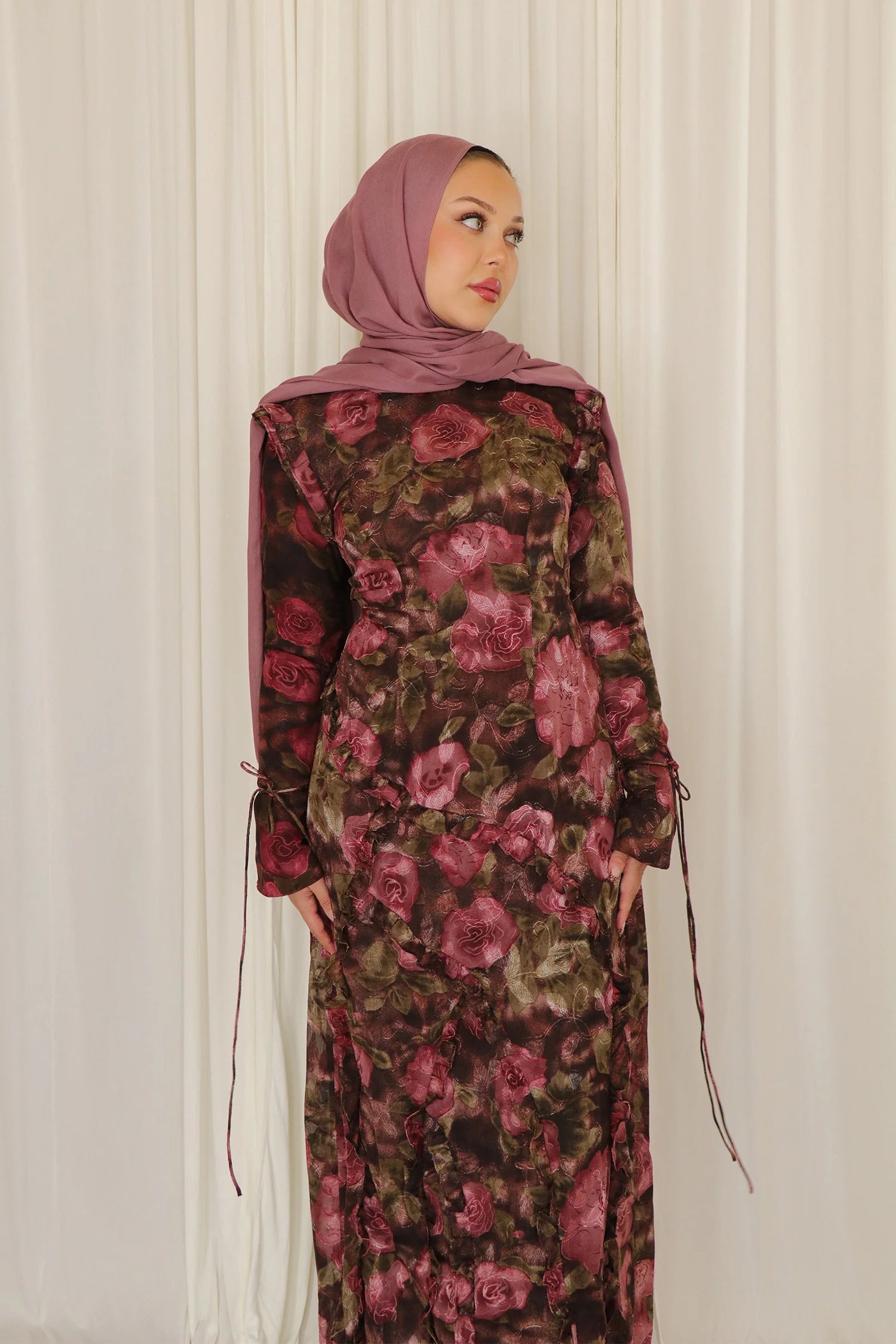Salma Asymmetric Ruffle-Trim Floral Maxi-DarkRed