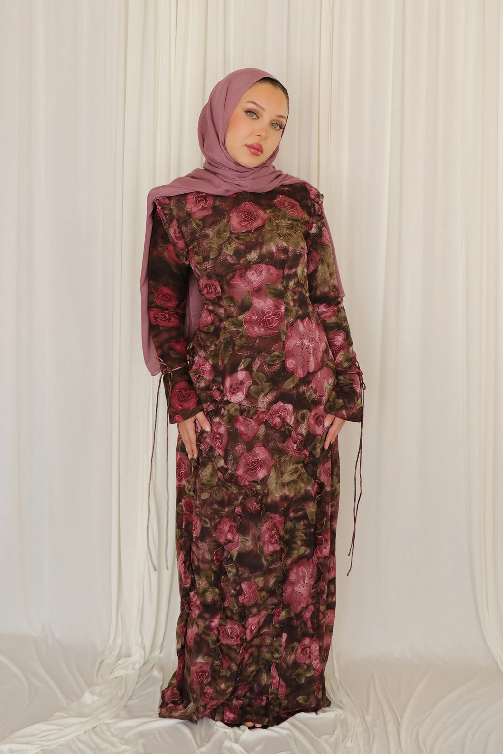 Salma Asymmetric Ruffle-Trim Floral Maxi-DarkRed