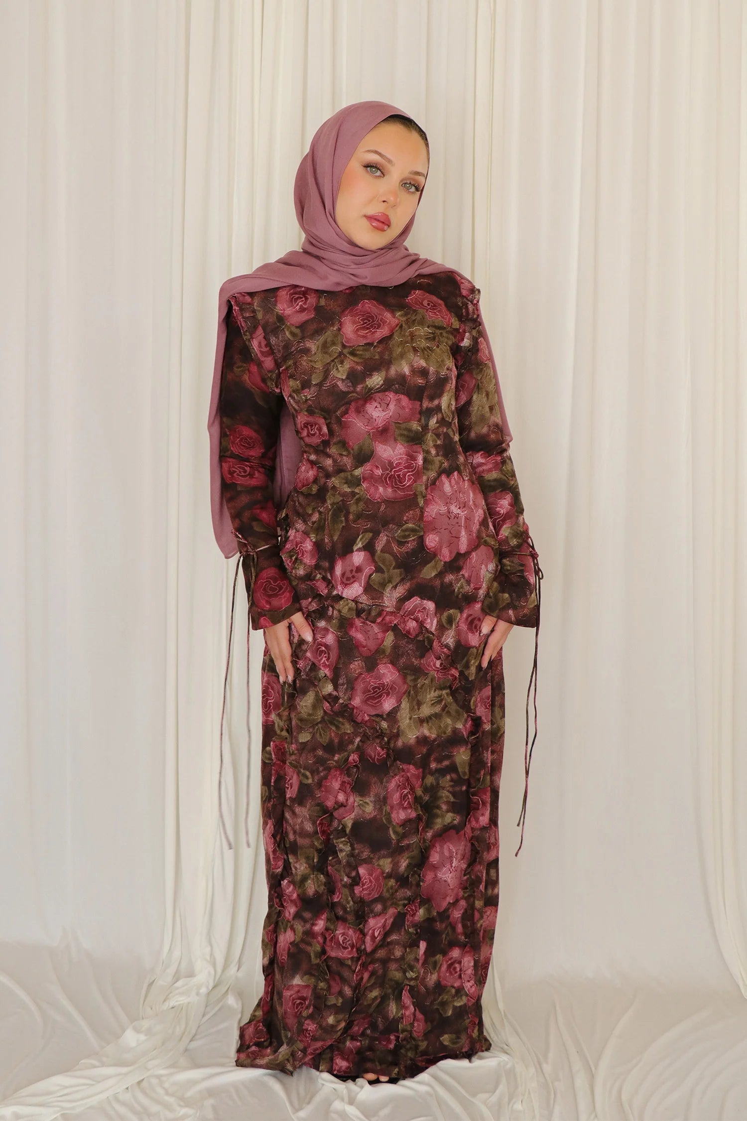 Salma Asymmetric Ruffle-Trim Floral Maxi-DarkRed