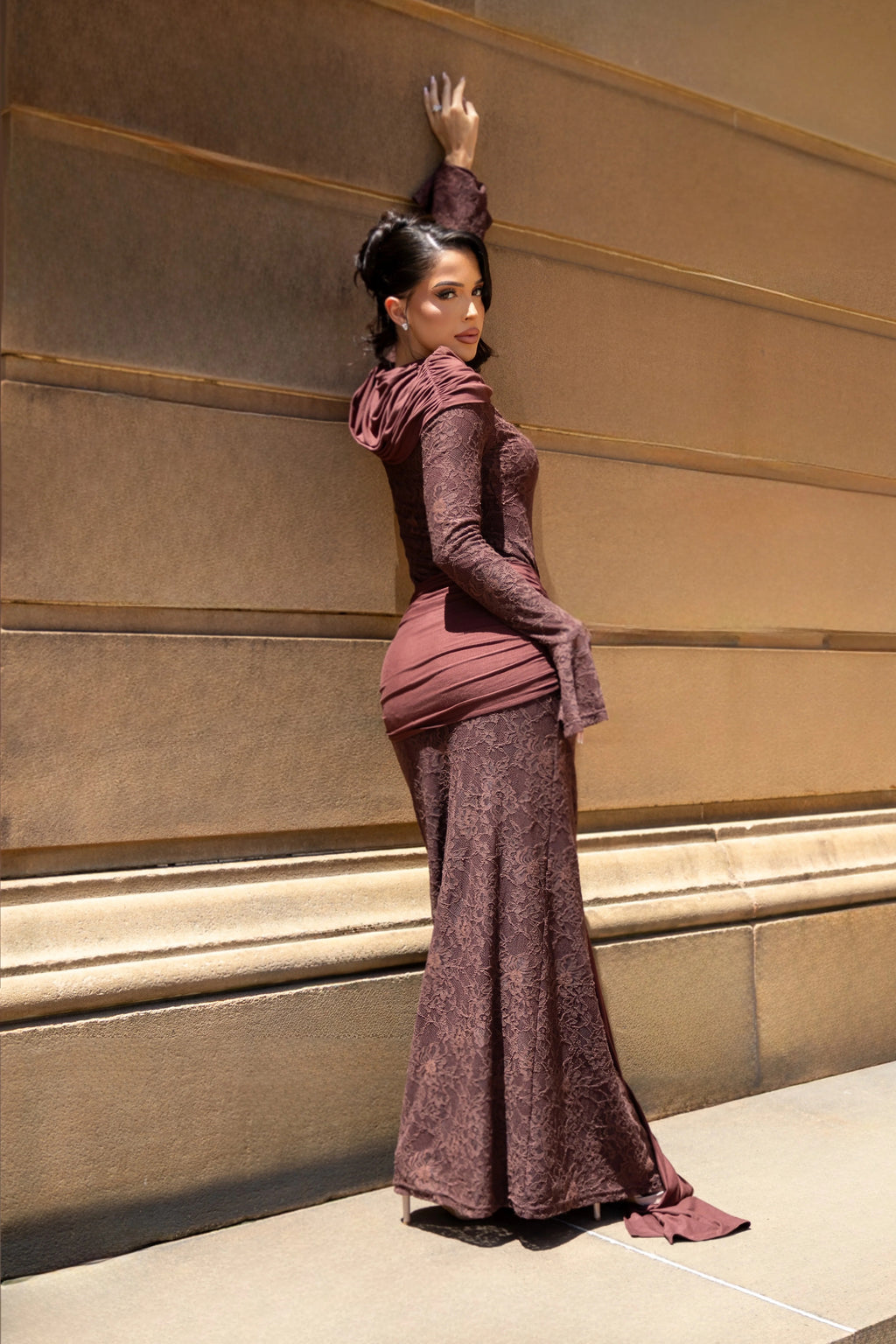Draped Shroud Overlay Floral Lace Texture Maxi Dress