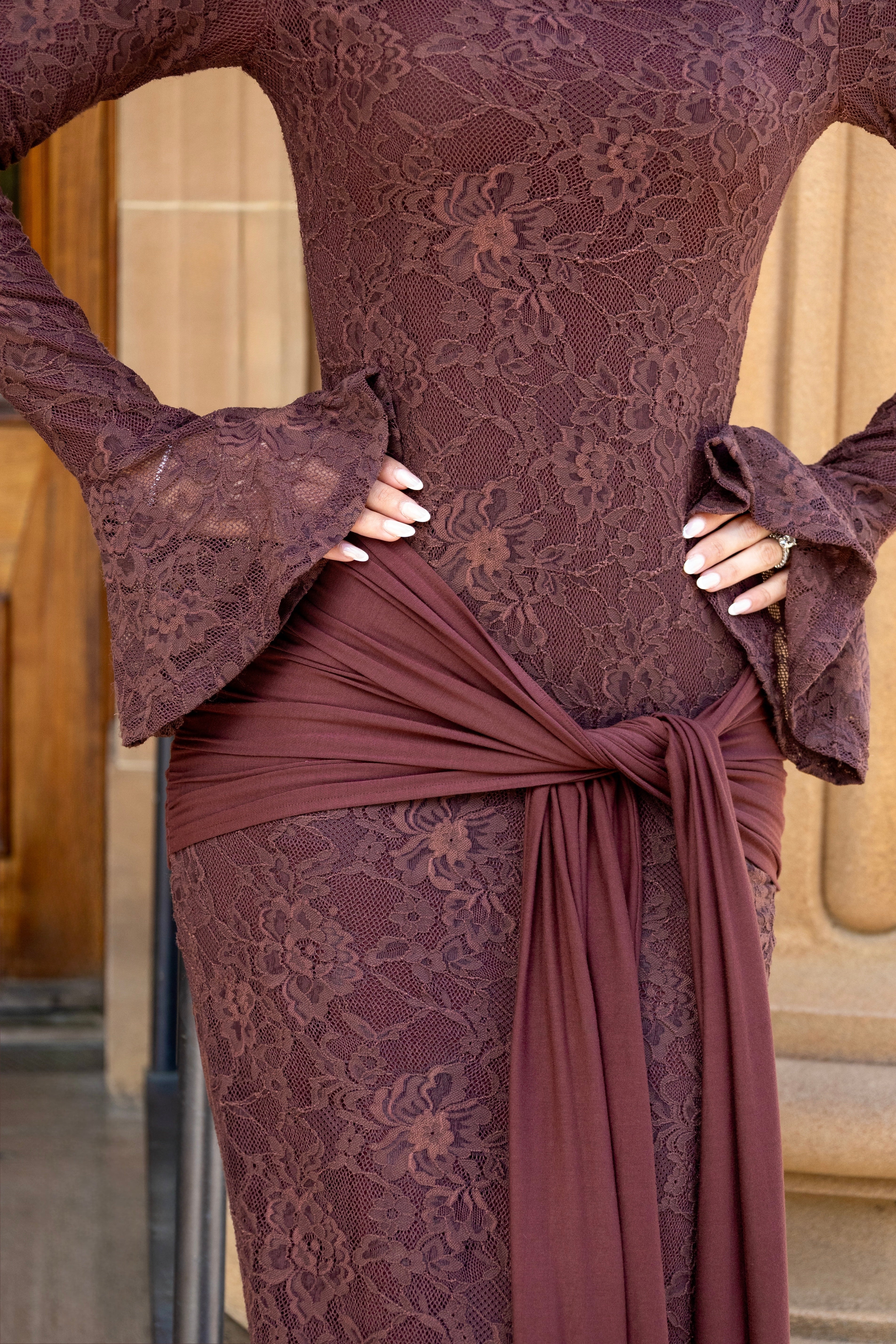 Draped Shroud Overlay Floral Lace Texture Maxi Dress