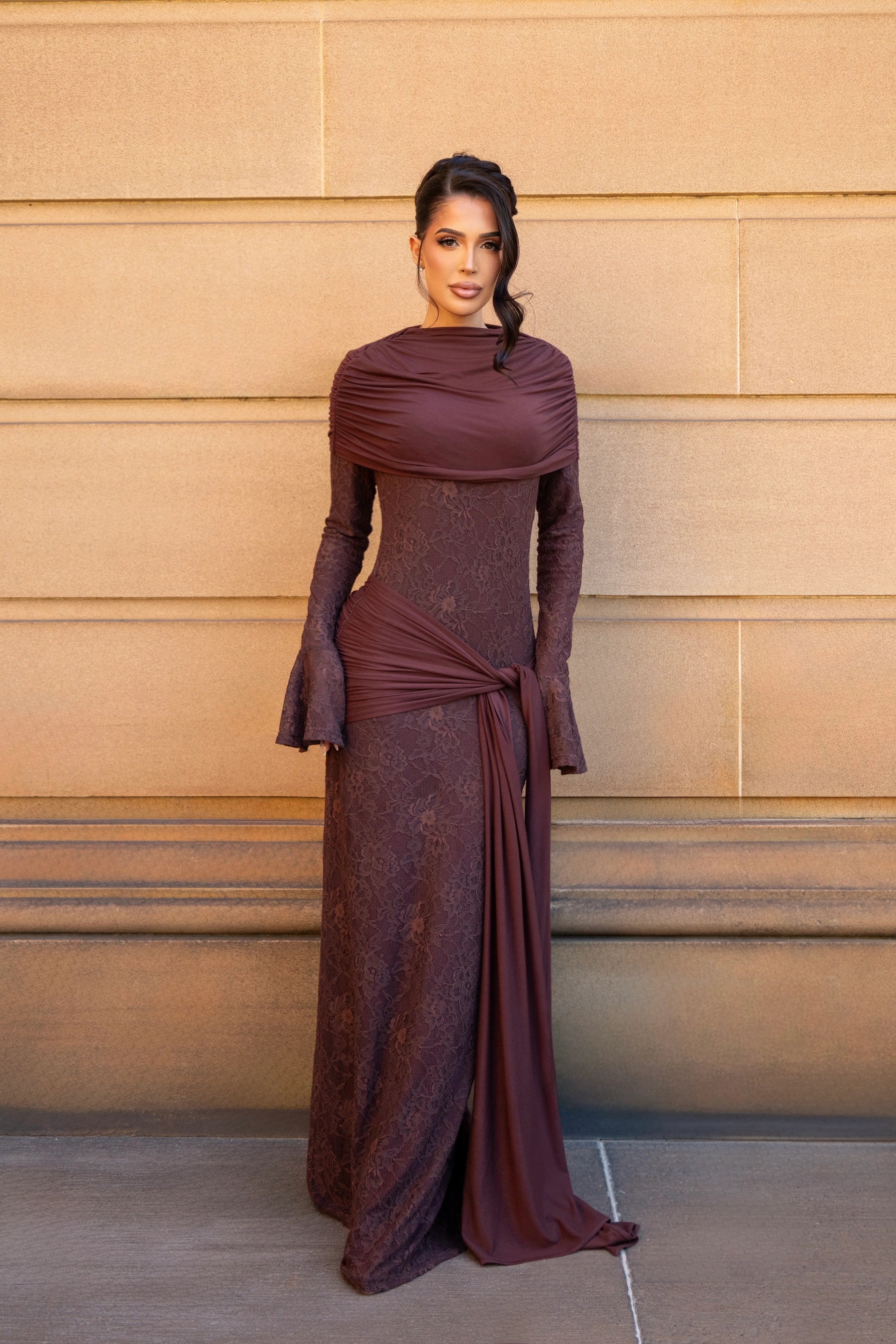Draped Shroud Overlay Floral Lace Texture Maxi Dress