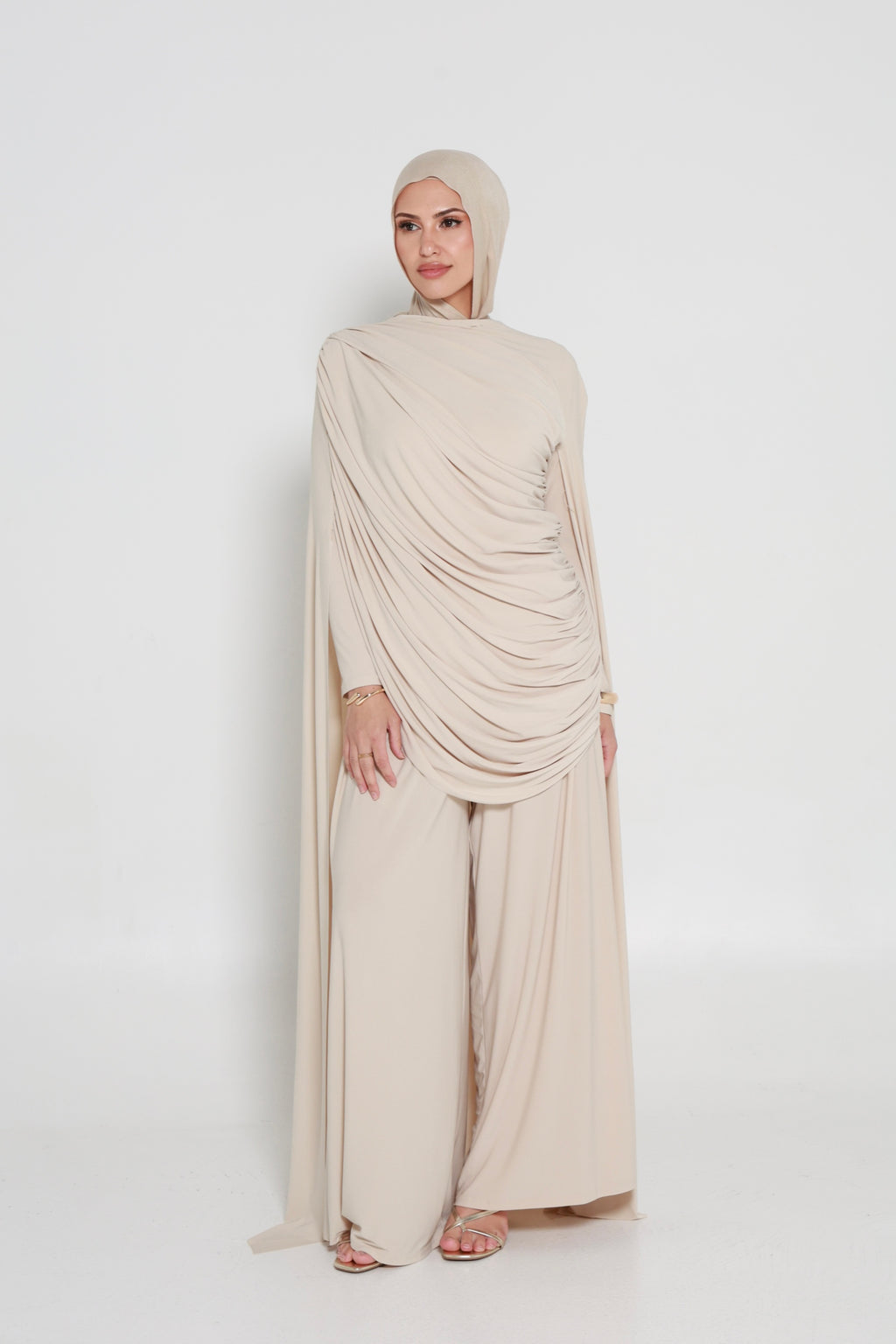 Chloe Ruched Cape Maxi Dress
