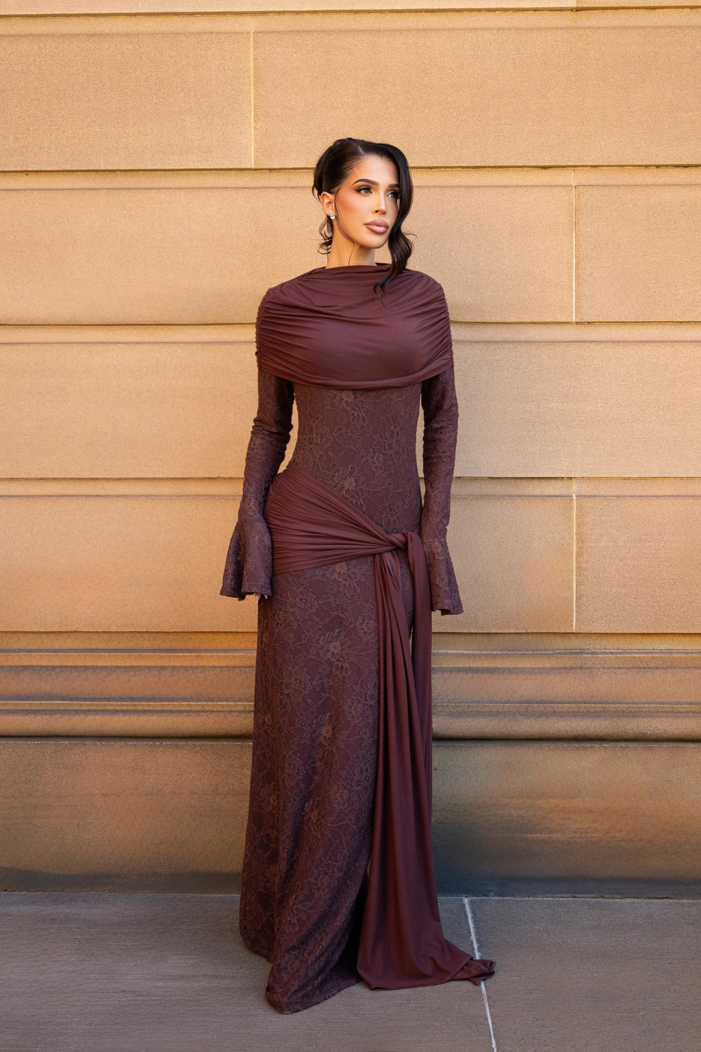 Draped Shroud Overlay Floral Lace Texture Maxi Dress