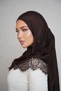 Luxury Contrast Lace-Trimmed Chiffon Hijab-Brown
