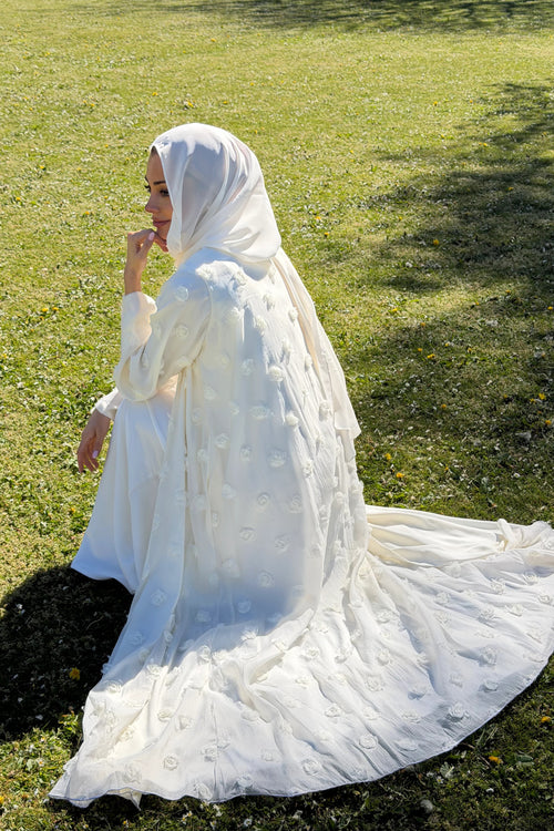 3D Floral Applique Open Abaya & Matching Hijab Two-Piece Set-White