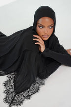 Luxury Contrast Lace-Trimmed Chiffon Hijab-Black