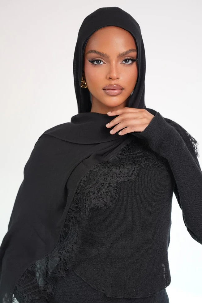 Luxury Contrast Lace-Trimmed Chiffon Hijab-Black