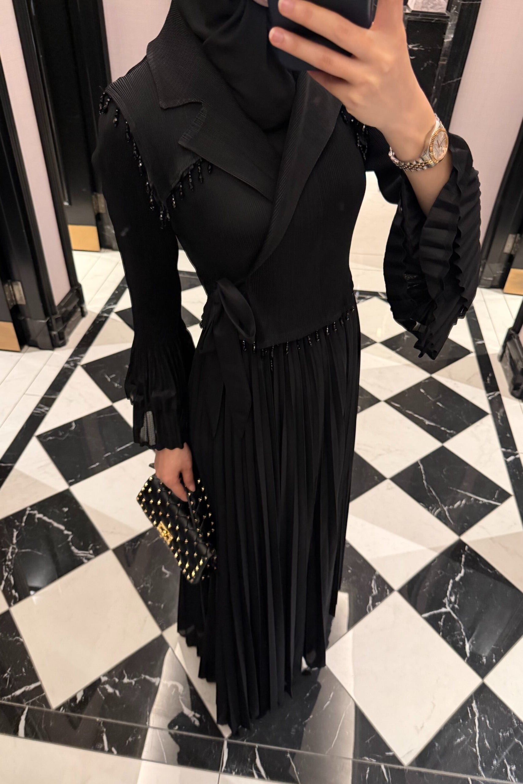 Dalia Beaded Lapel Tie Waist Pleated Maxi Dress