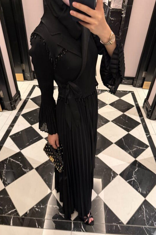 Dalia Beaded Lapel Tie Waist Pleated Maxi Dress
