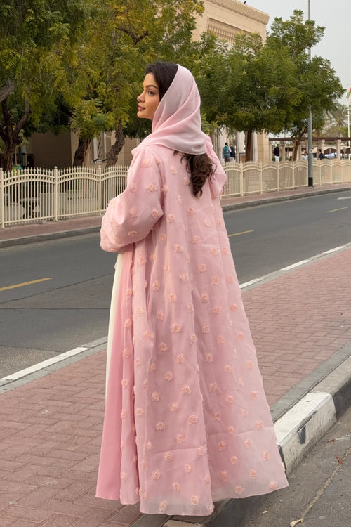 3D Floral Applique Open Abaya & Matching Hijab Two-Piece Set-Pink