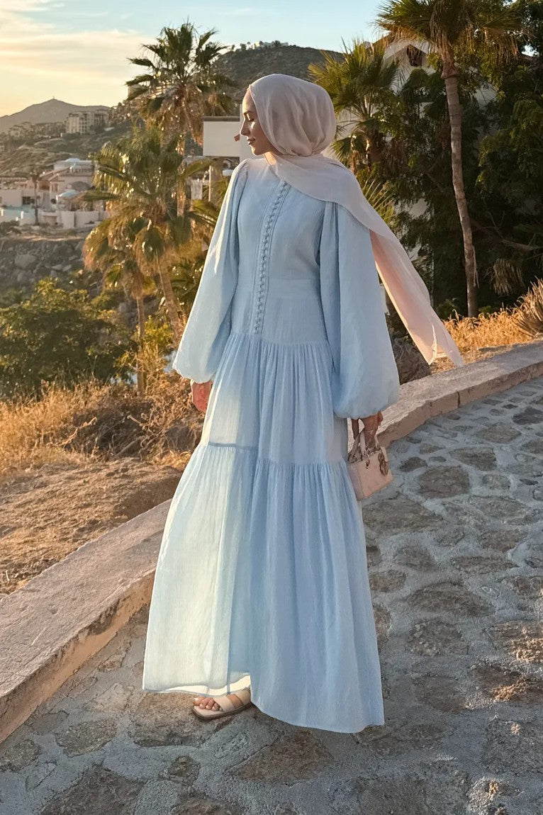 Button-Down Lantern Sleeve Maxi Dress-Blue