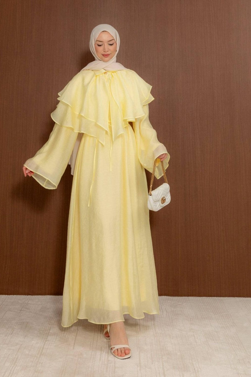 Tiered Ruffle Collar Lustrous Maxi Dress-Yellow