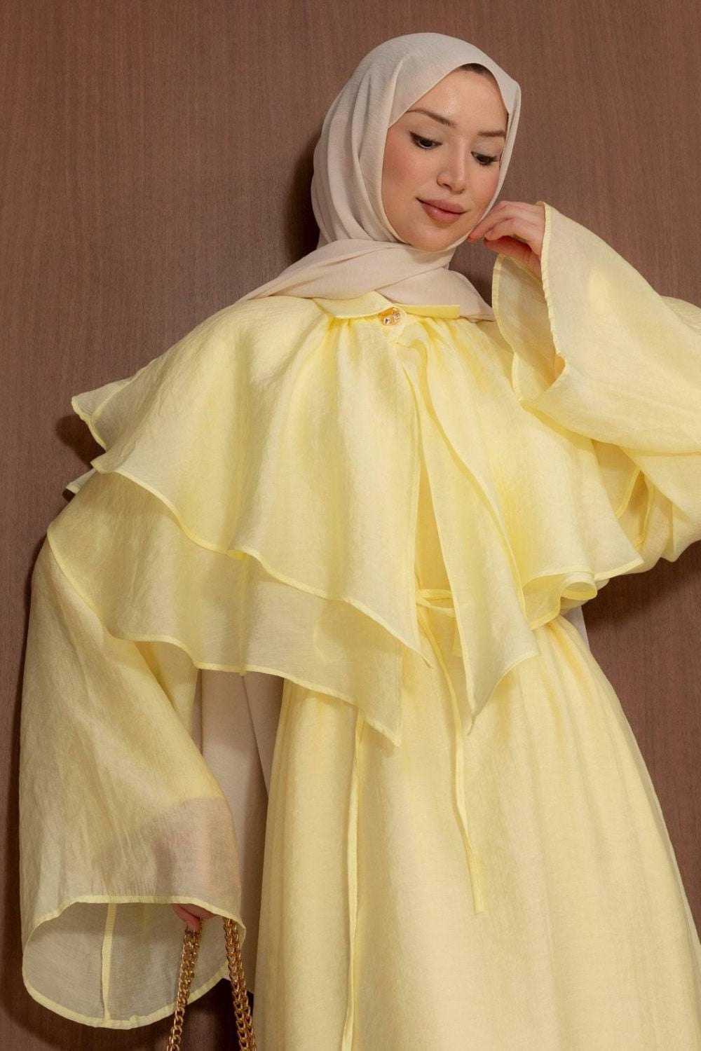 Tiered Ruffle Collar Lustrous Maxi Dress-Yellow