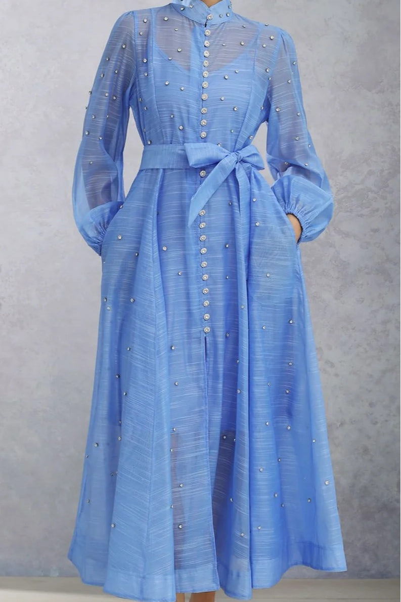 Rhinestone Sheer Tie Midi Dress-Blue