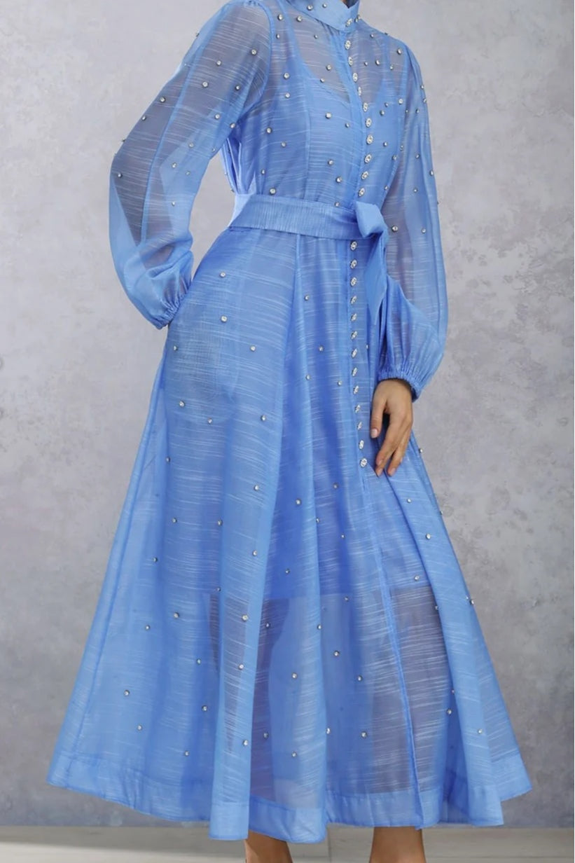Rhinestone Sheer Tie Midi Dress-Blue
