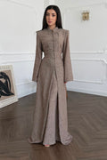 Hannah Mandarin Collar Frog Buttoned Set-Taupe