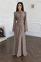Hannah Mandarin Collar Frog Buttoned Set-Taupe