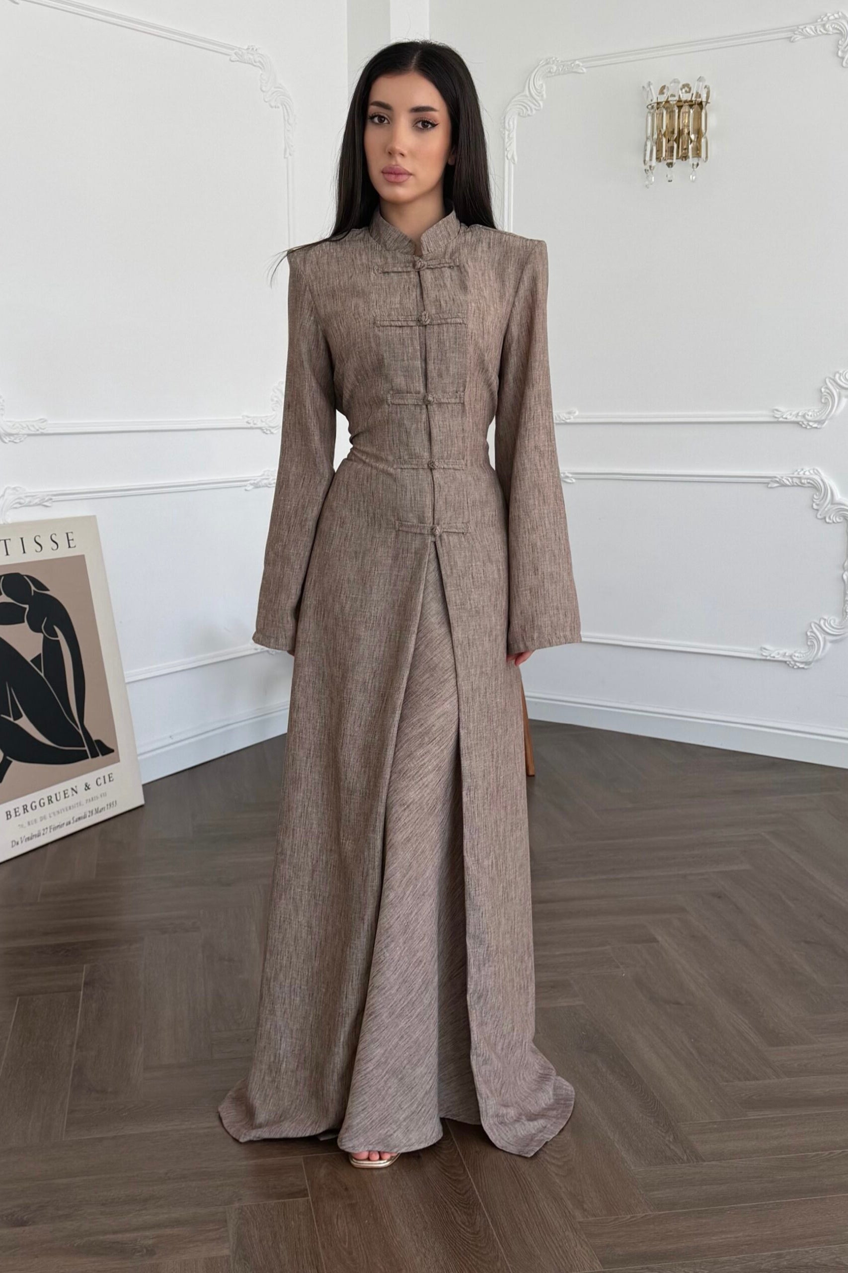 Hannah Mandarin Collar Frog Buttoned Set-Taupe