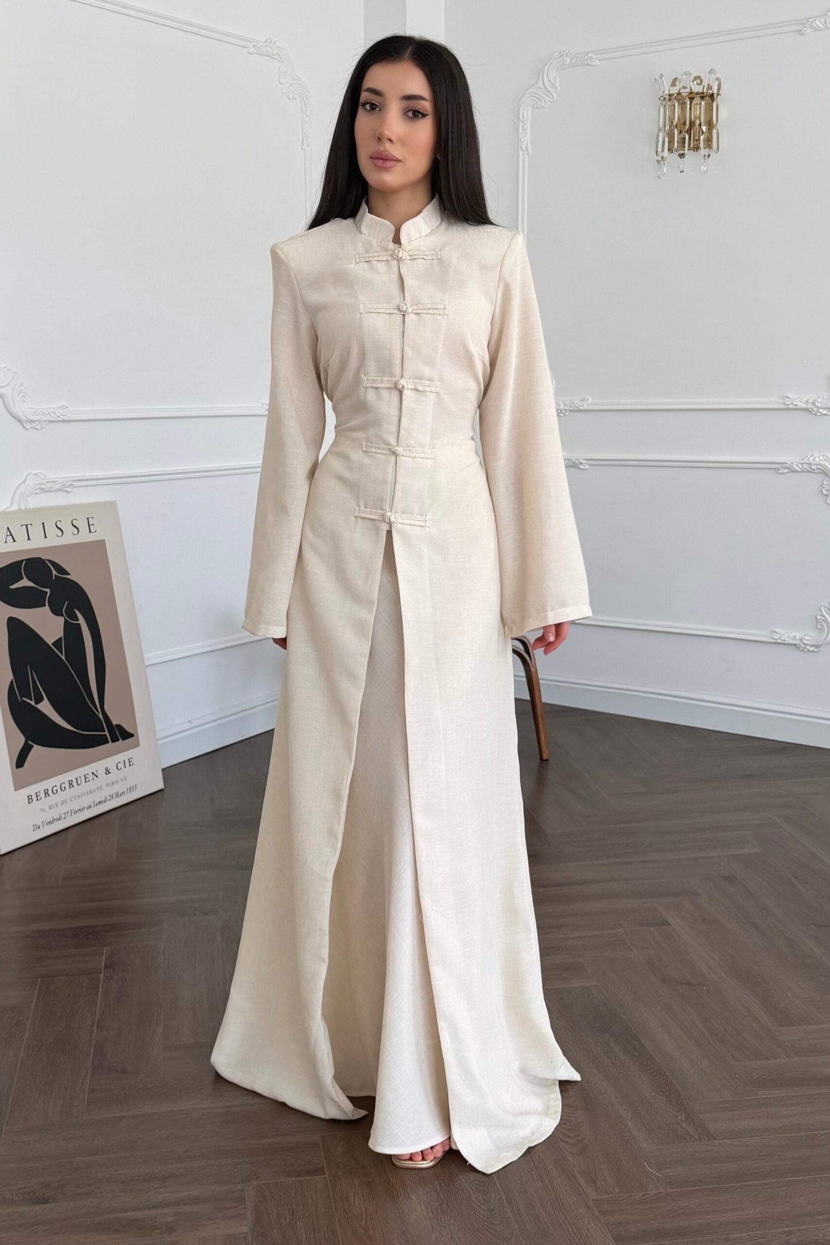 Hannah Mandarin Collar Frog Buttoned Set-White