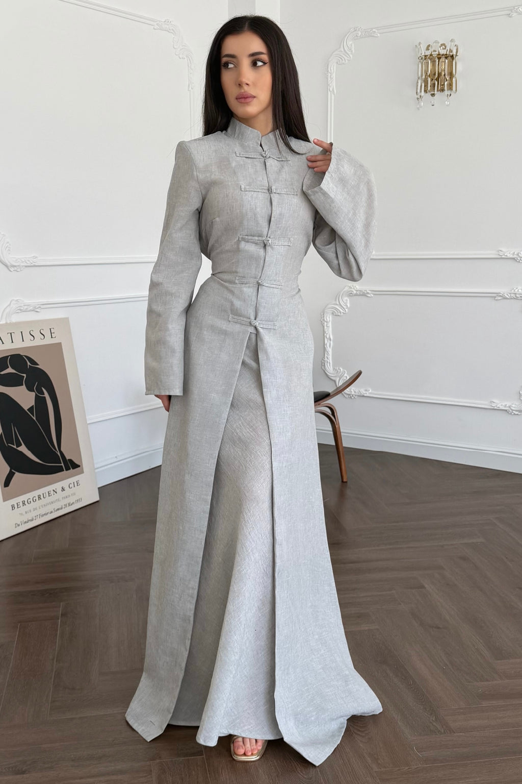 Hannah Mandarin Collar Frog Buttoned Set-Grey