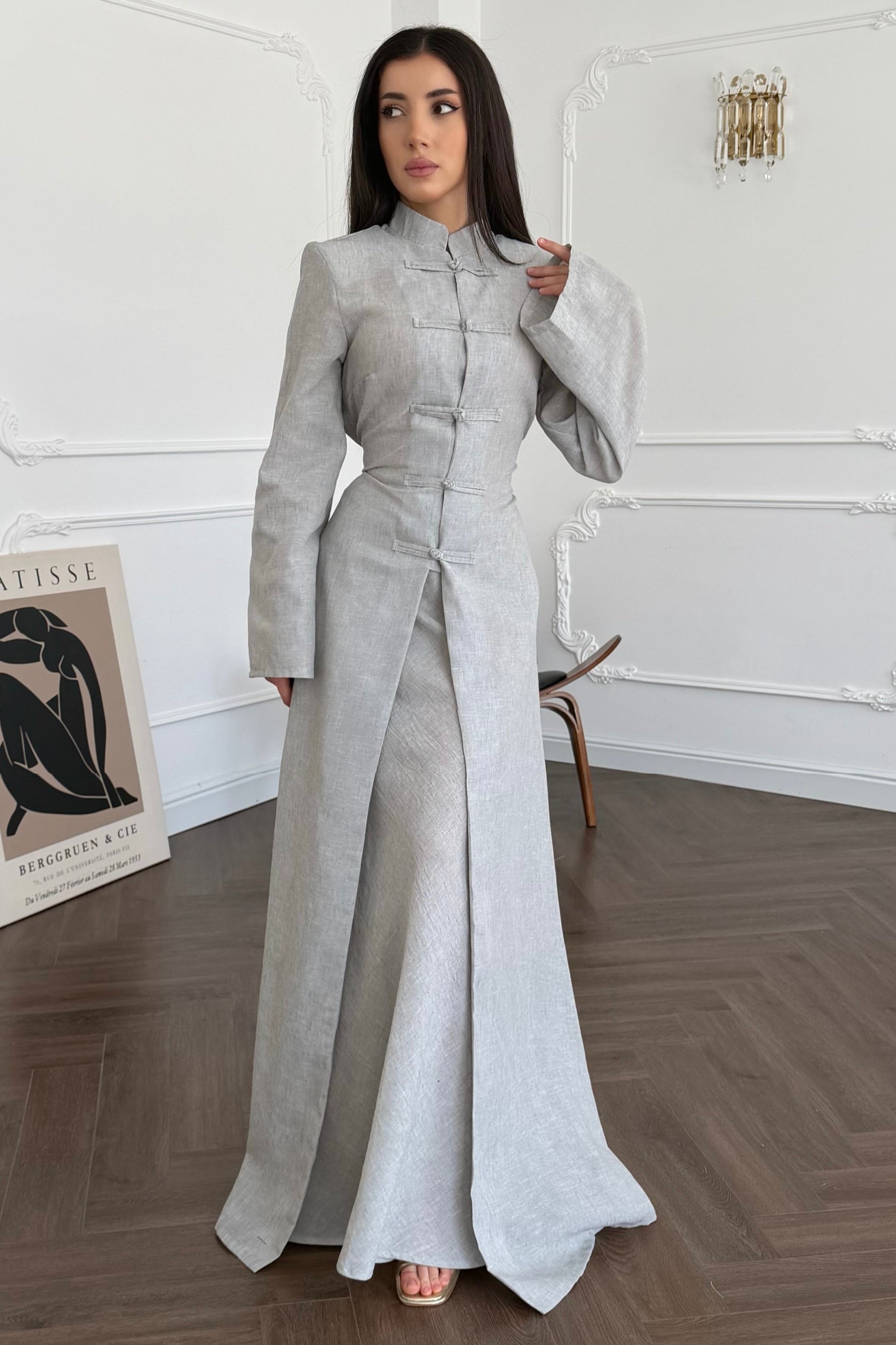 Hannah Mandarin Collar Frog Buttoned Set-Grey