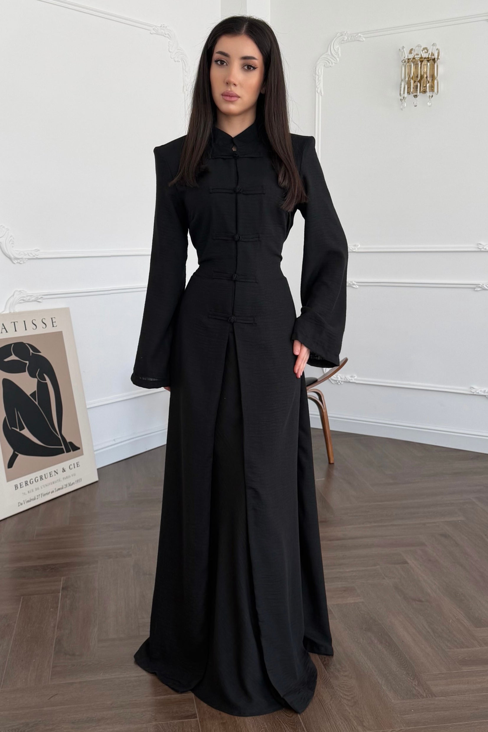 Hannah Mandarin Collar Frog Buttoned Set-Black