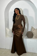 Maria High Neck Pleated Dress-Brown