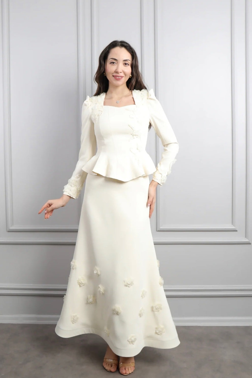 Hana 3D Floral Peplum Two Piece Suit-White