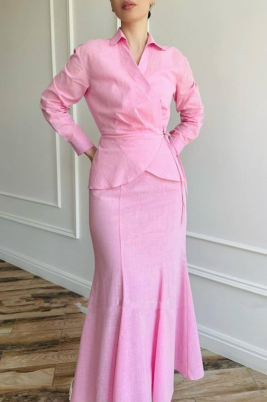 Zahra Wrap Blouse Co-Ord Set-Pink