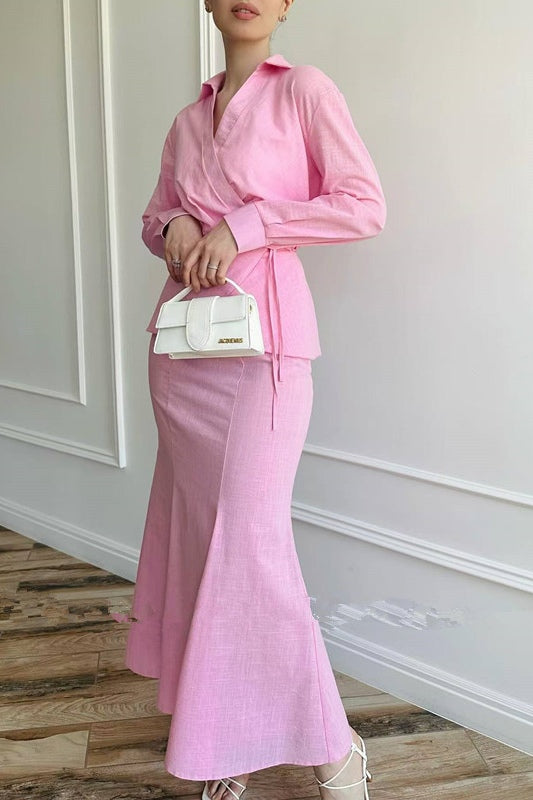 Zahra Wrap Blouse Co-Ord Set-Pink
