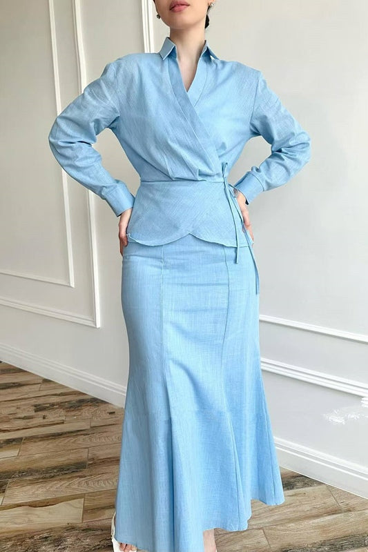 Zahra Wrap Blouse Co-Ord Set-Blue