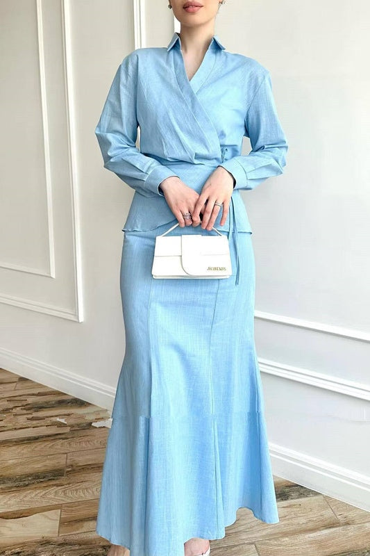 Zahra Wrap Blouse Co-Ord Set-Blue