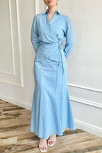 Zahra Wrap Blouse Co-Ord Set-Blue
