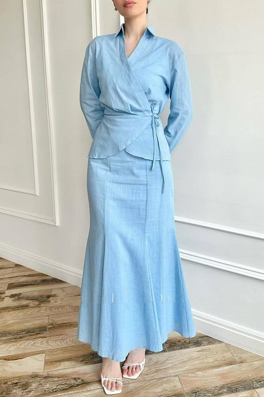 Zahra Wrap Blouse Co-Ord Set-Blue