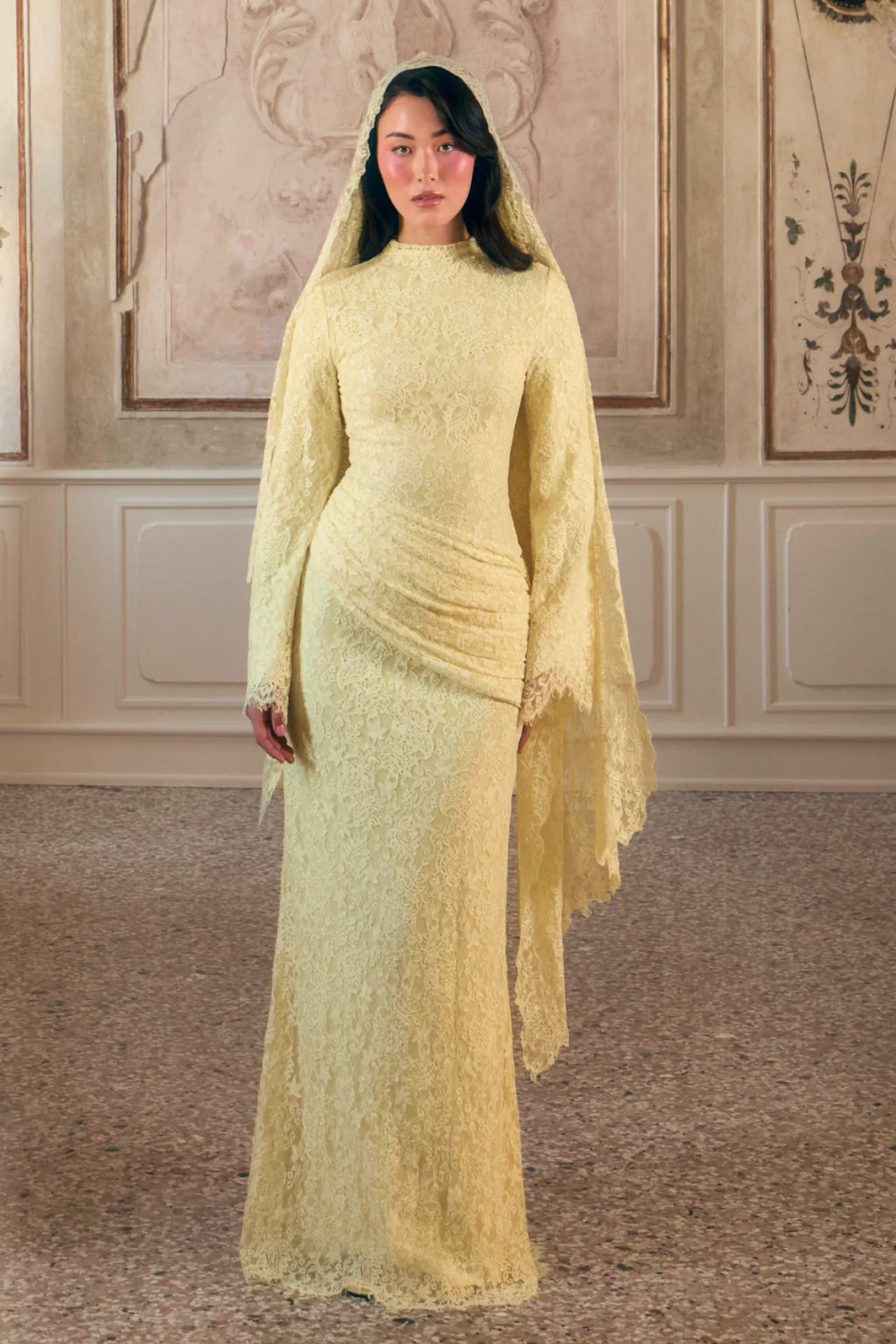 Lace Texture Ruched Drape Maxi Dress