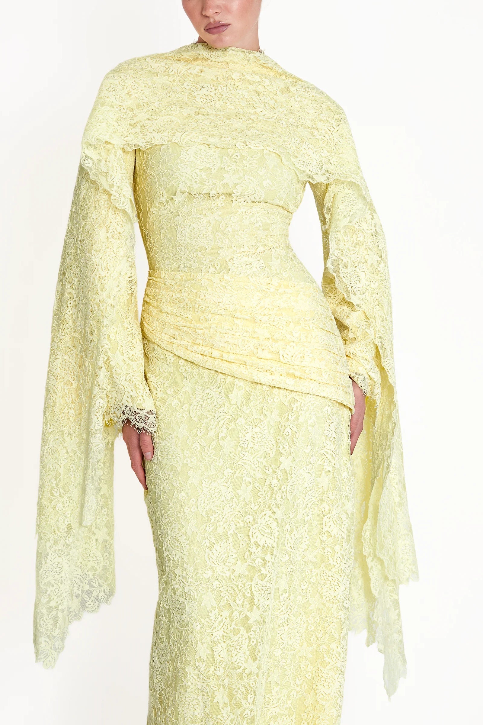Lace Texture Ruched Drape Maxi Dress