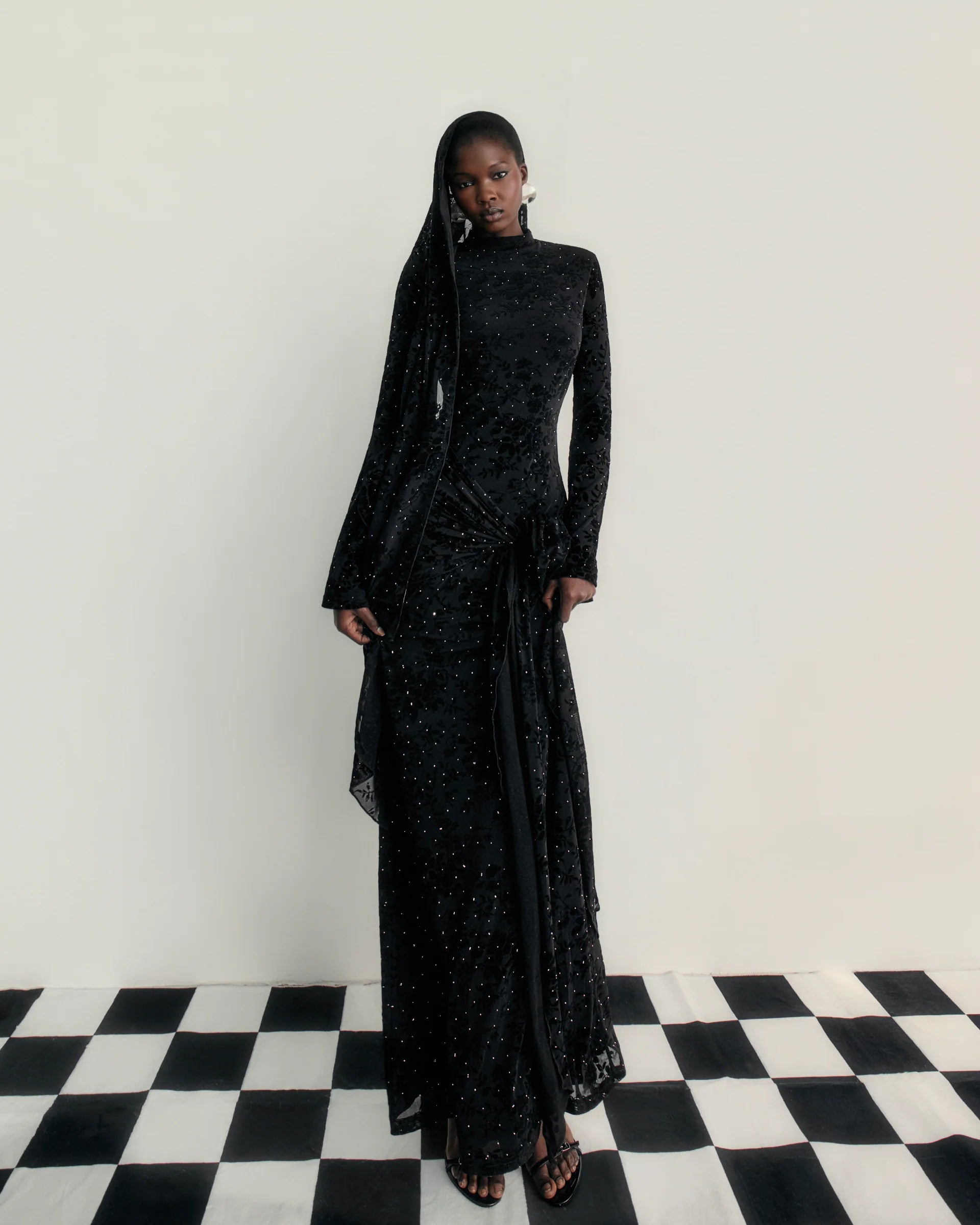 Vera Velvet Floral Twist Waist Maxi Dress-Black