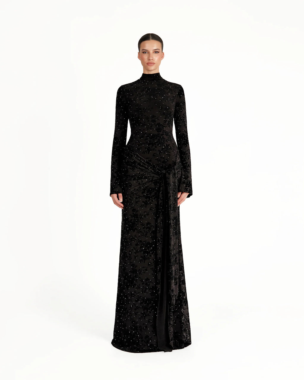 Vera Velvet Floral Twist Waist Maxi Dress-Black