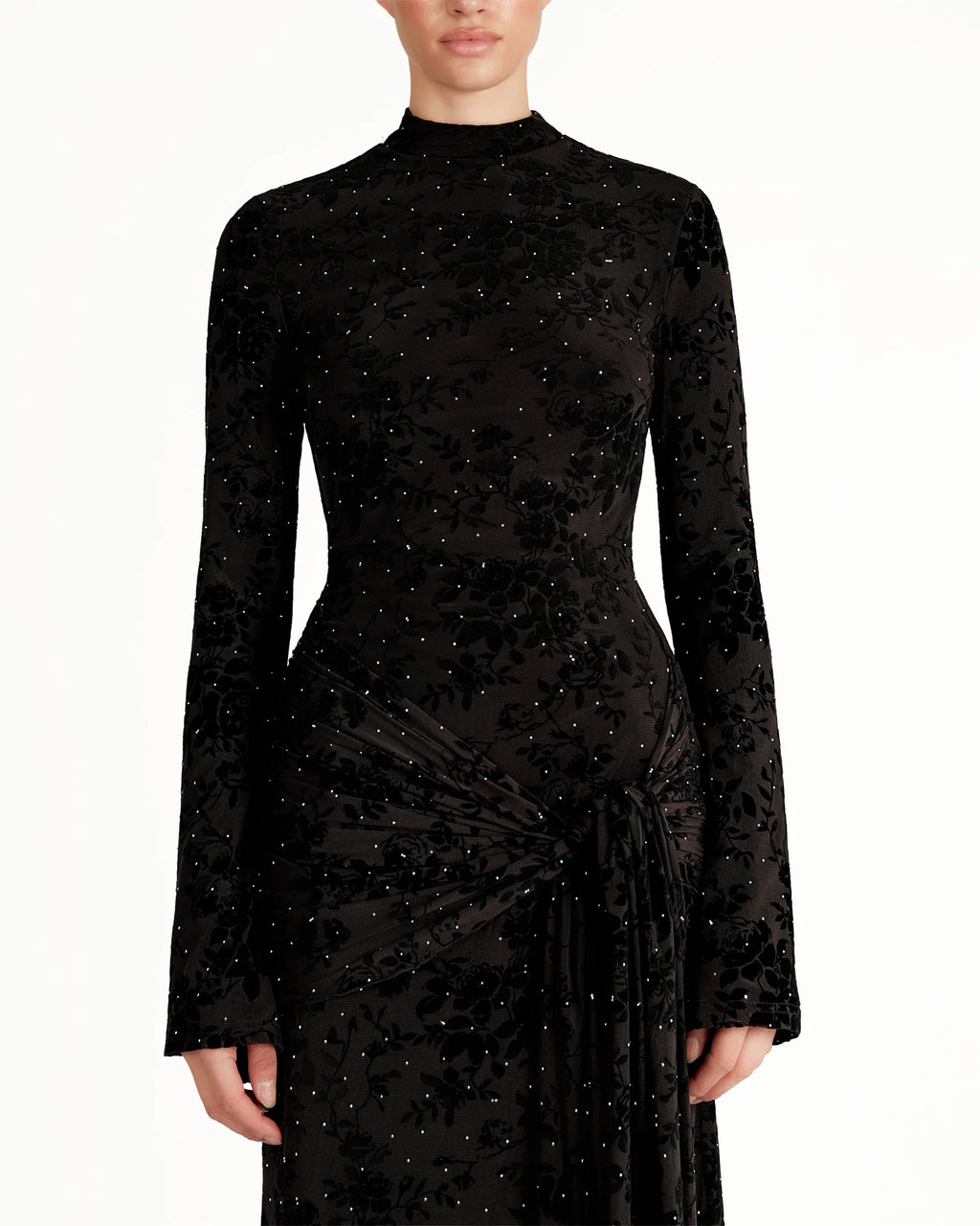 Vera Velvet Floral Twist Waist Maxi Dress-Black