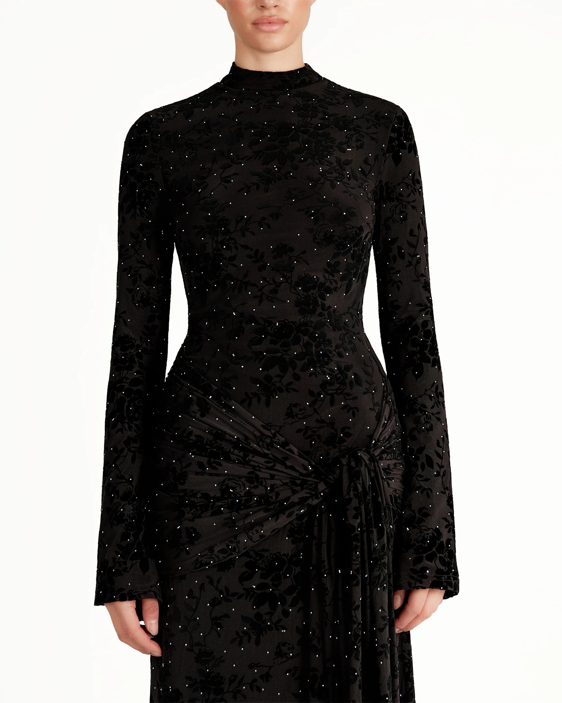 Vera Velvet Floral Twist Waist Maxi Dress-Black