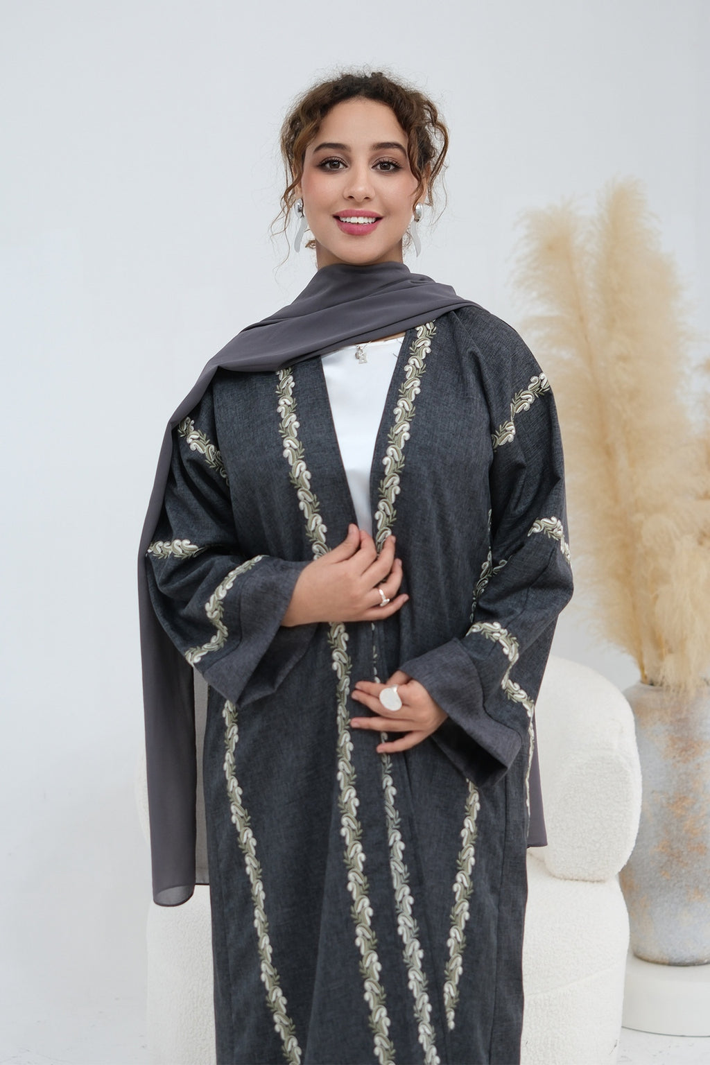 Maren Embroidered Open Front Abaya Kaftan-Black