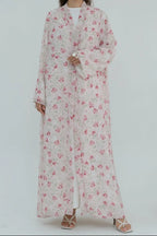 Floral Print Open Abaya & Matching Hijab Two-Piece Set-Pink