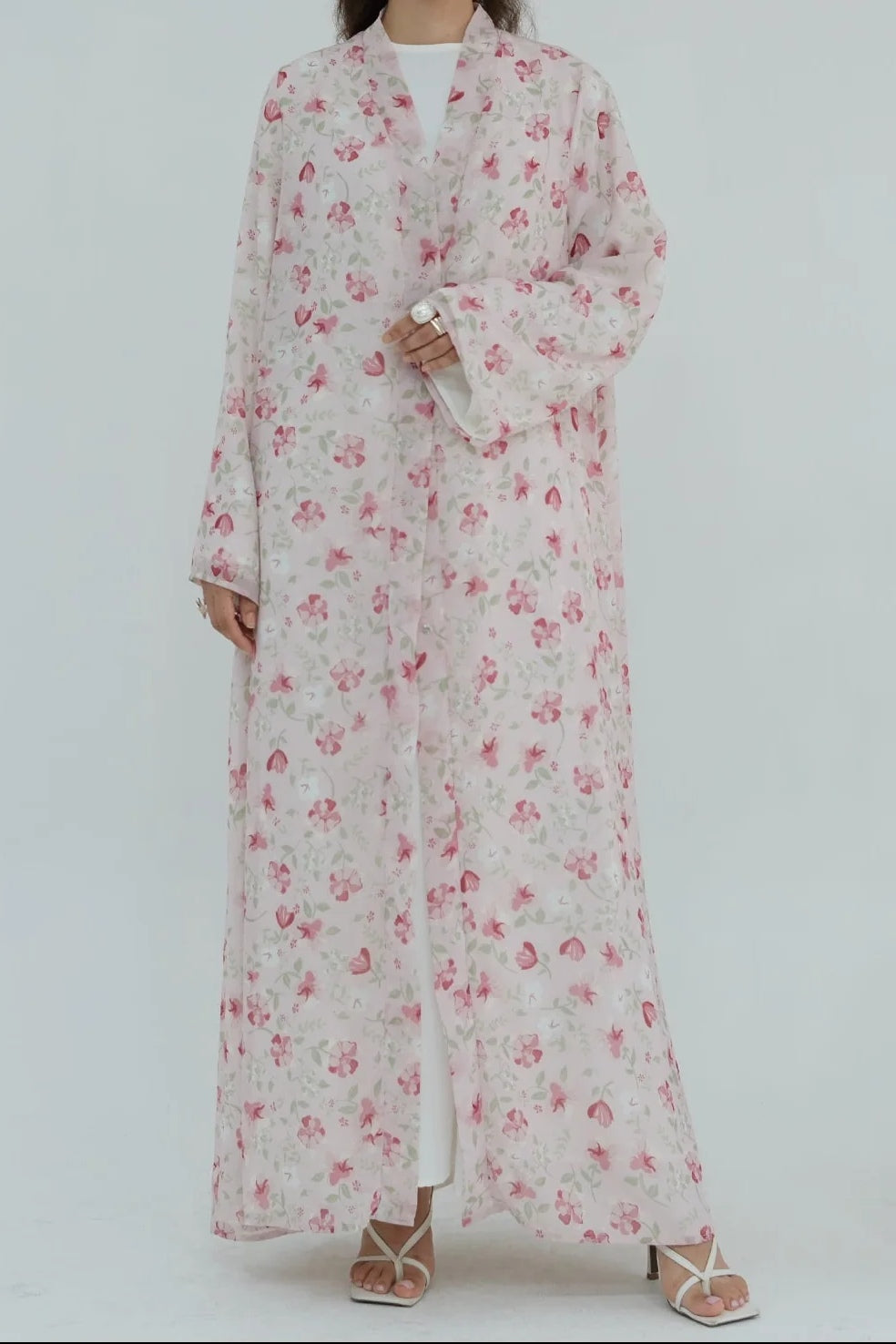 Floral Print Open Abaya & Matching Hijab Two-Piece Set-Pink