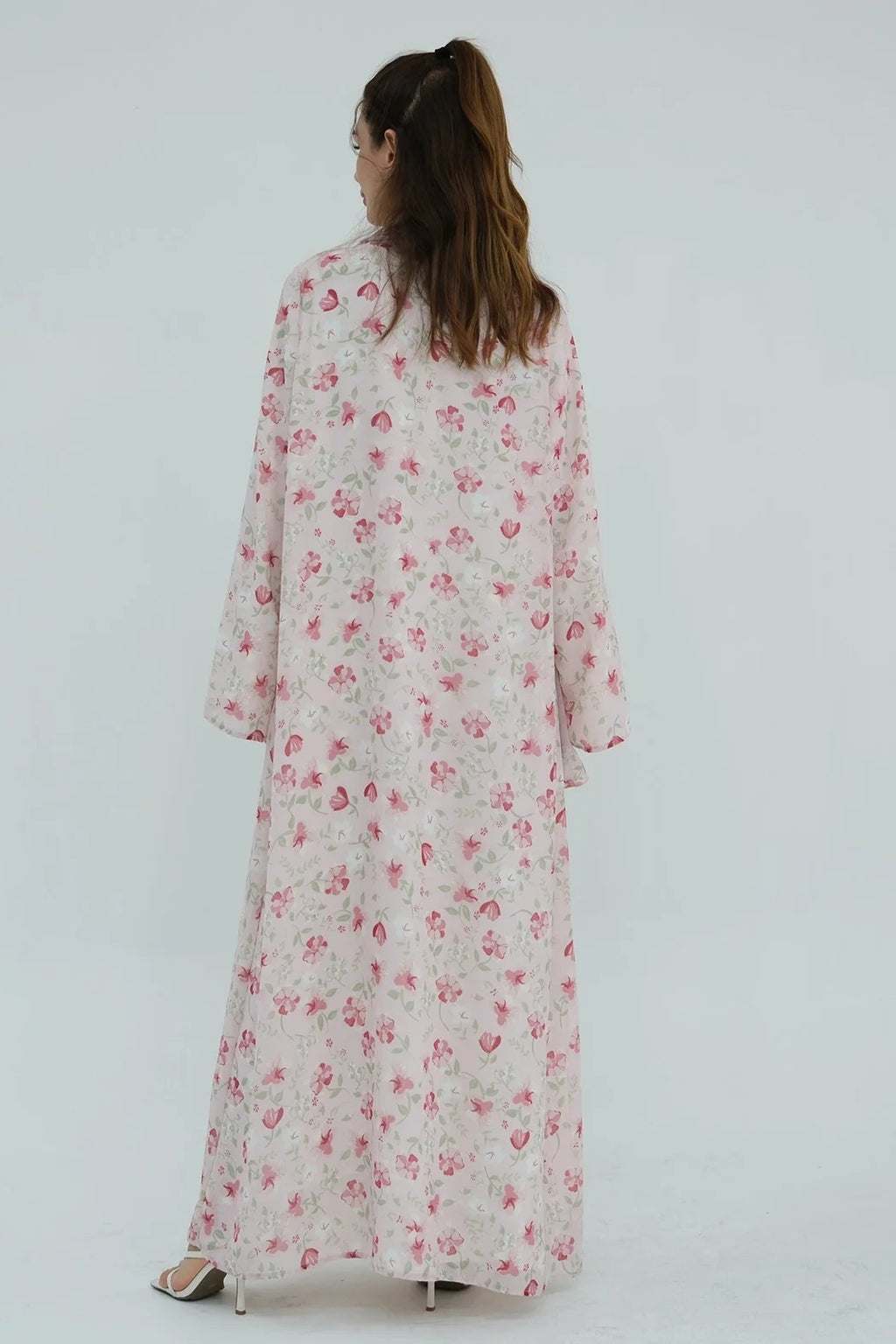 Floral Print Open Abaya & Matching Hijab Two-Piece Set-Pink