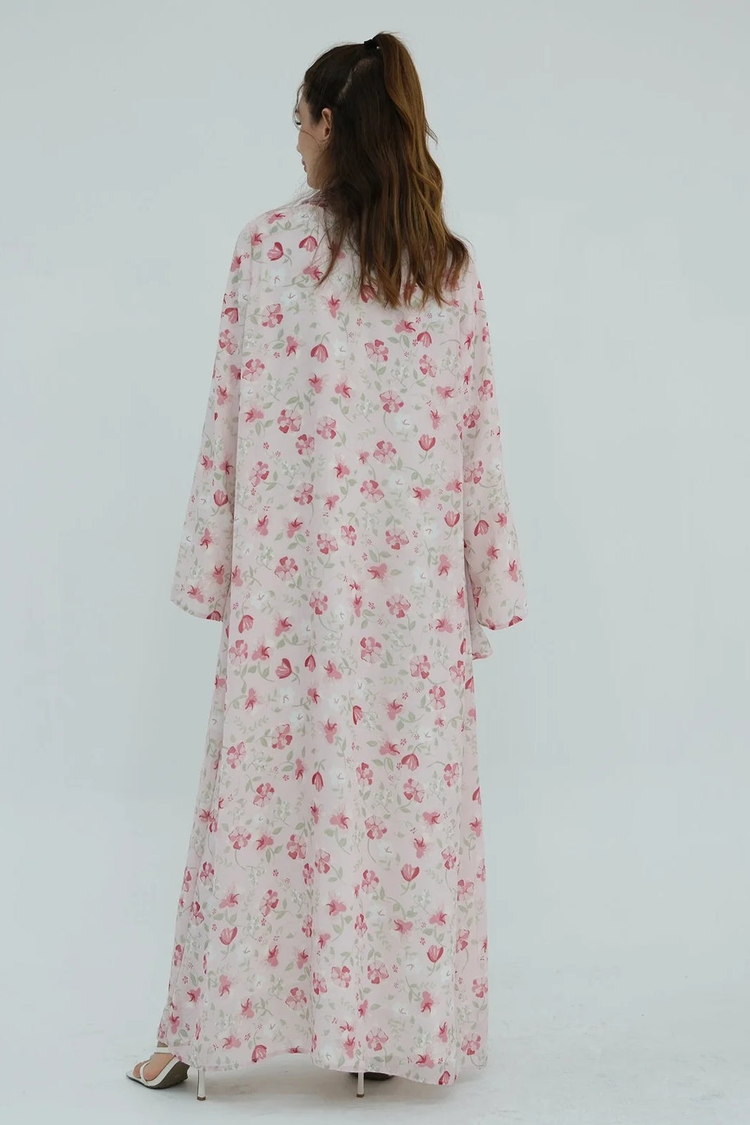 Floral Print Open Abaya & Matching Hijab Two-Piece Set-Pink